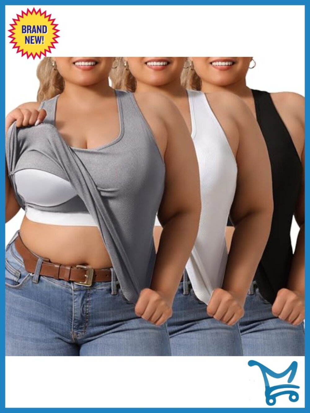 3-Pack Plus Size Racerback Tank Tops with Built-in Bra Ribbed Knit